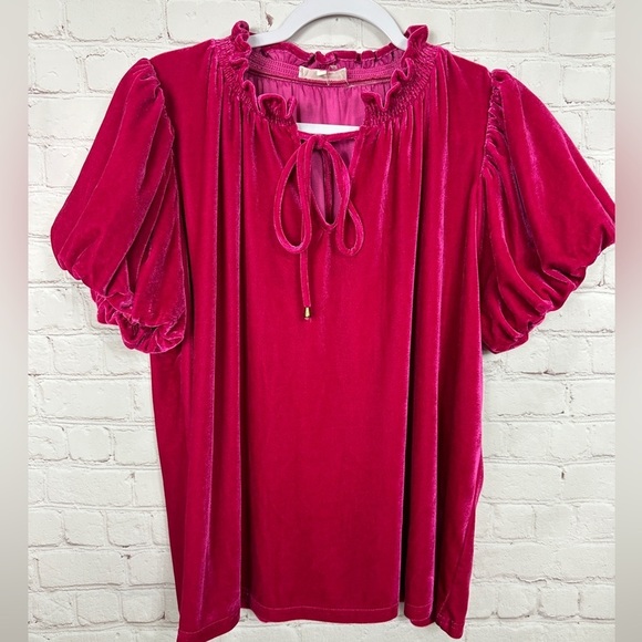 Entro Pink Velour Oversized Short Puff Sleeve V-neck Blouse Women’s M - Picture 1 of 6